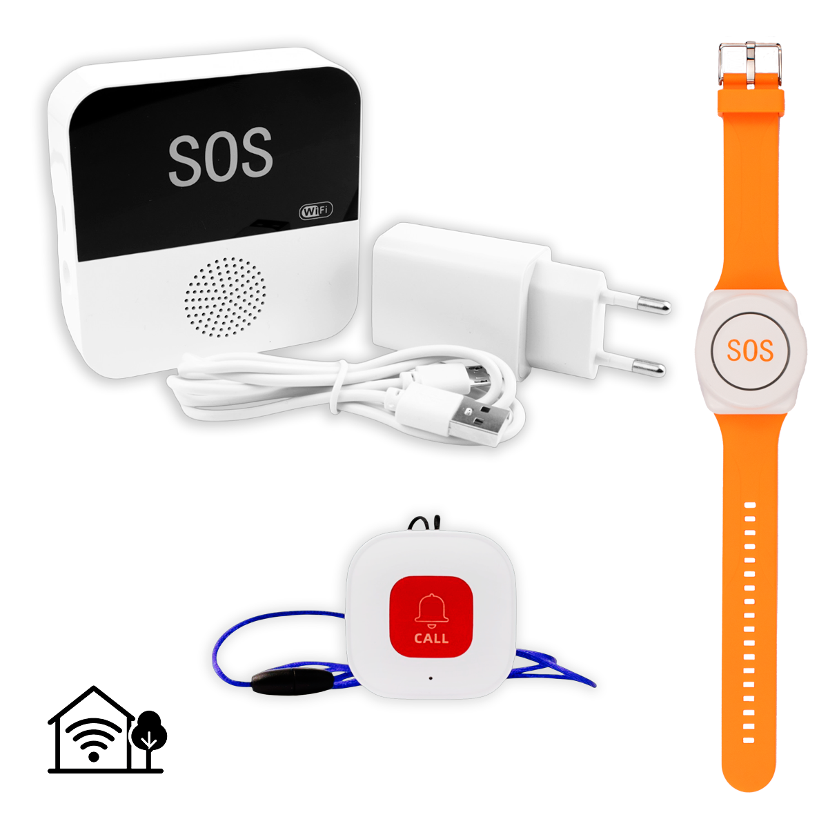 Alarmknop Set Basis – Basisstation SOS + Alarmhorloge Rond + Alarmknop Vierkant