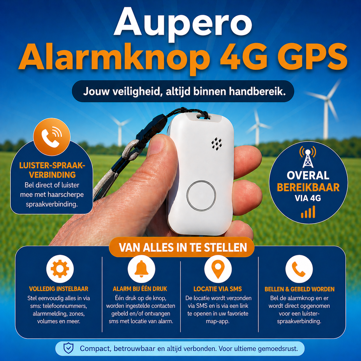 Aupero Alarmknop 4G GPS + oplaadstation (Nederlands gesproken)