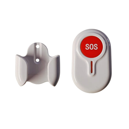 DigiWelzijn Aupero ovale alarmknop met rode SOS-knop en bijbehorende witte muurbeugel voor noodmeldingen