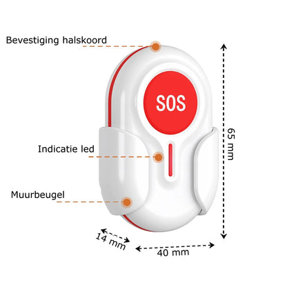 DigiWelzijn Aupero ovale alarmknop met rode SOS-knop, indicatie-led en muurbeugel voor senioren